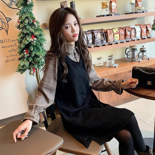 Mid-length Sweater Women's Pullover Fall/winter Shirt Collar Dress Fall/winter Knitted Bottoming Shirt Ladies Temperament Sweater Dress