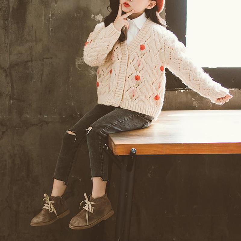 Fashion Long Sleeve Knit Cardigan Spring Slim V-neck Older Children Sweater Jacket