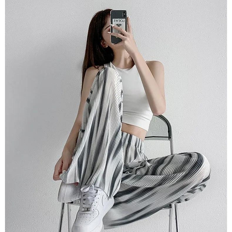 Tie-dye Ice Silk Wide-leg Pants Summer Women's Mopping Trousers Loose High Waist Pleated Drape Casual Dance Yoga Pants