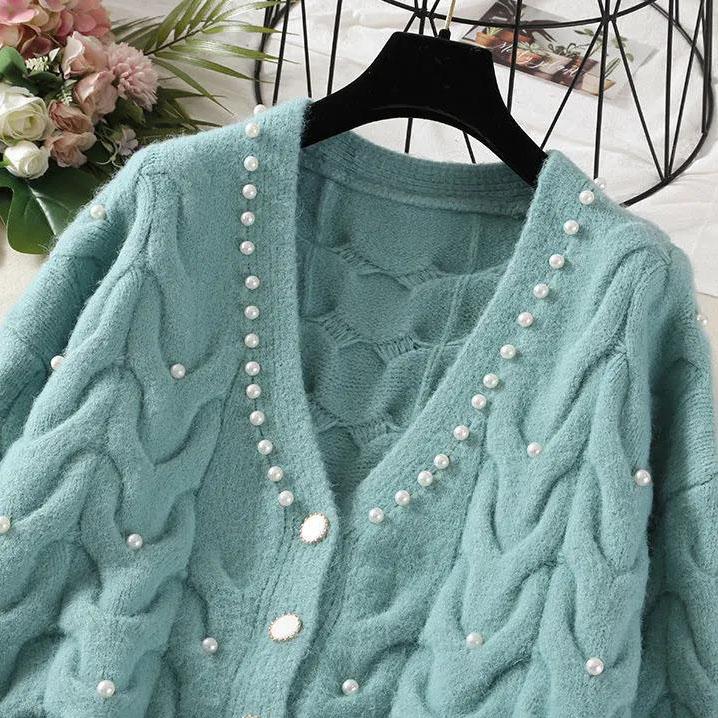 Female Sweet Pearl V-neck Knitted Cardigan Women's Autumn and Winter Versatile Short Knitted Tops