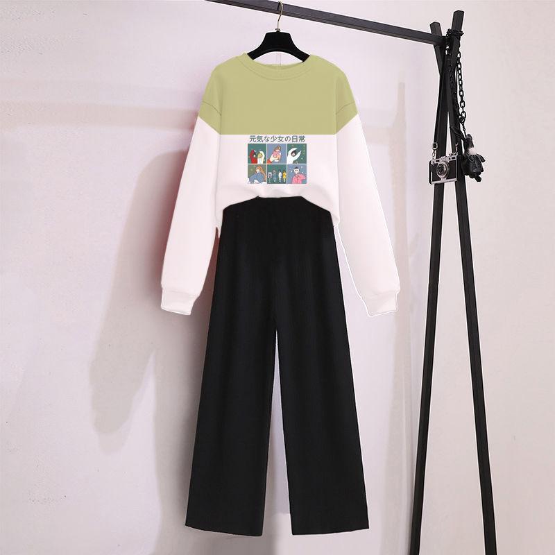 Two-piece Loose Hoodie Wide Leg Pants Casual Suit Women's Round Neck Long-sleeved Shirt + Loose Pants Casual and Comfortable