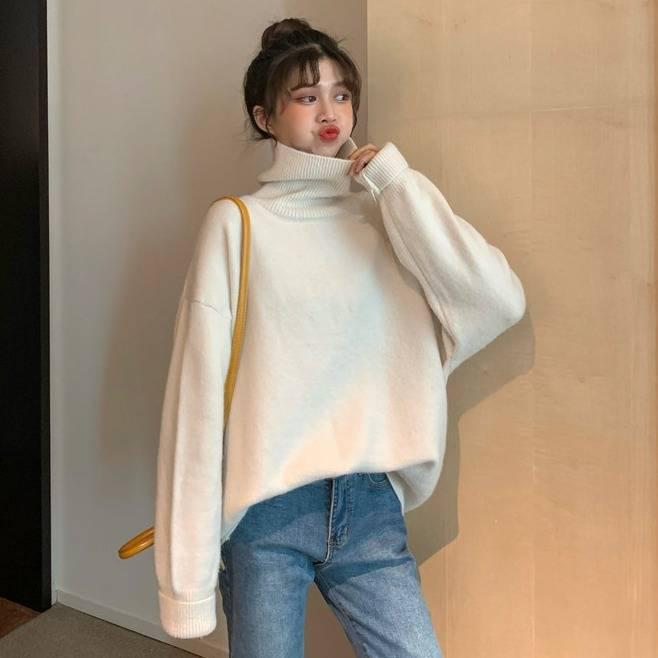 Pofulove Winter Warm Thick Turtleneck Sweaters Girl Student Loose Pullover Solid Color Coat Sweater