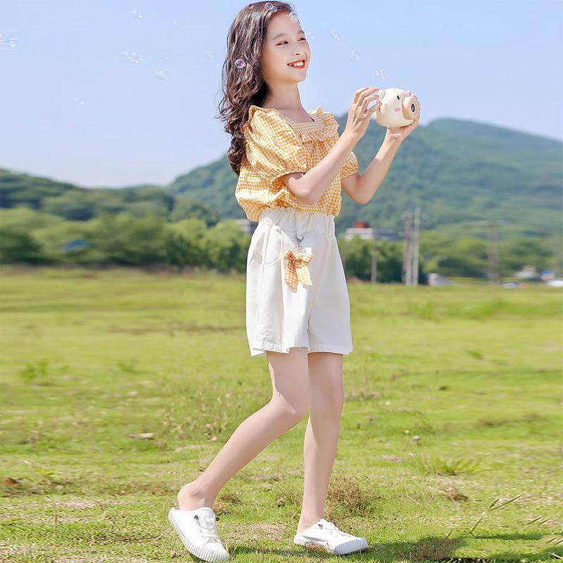 Girls Fashion Clothes Suit Short Sleeve Shirt Short Skirt 2-piece Suit Cartoon Girl Bowknot Cotton Children Clothes Suit