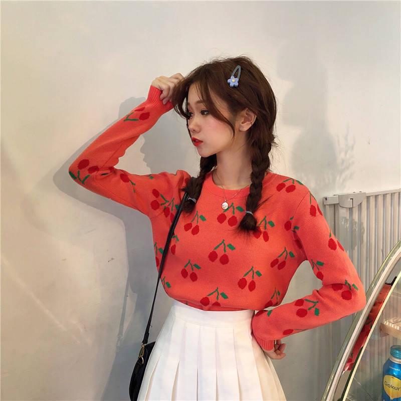 Pofulove Sweet Love Turtleneck Pullover Cherry Long Sleeve  Neck Sweater Loose Sweater Plus Size
