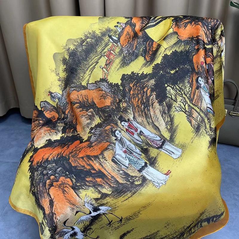 Chinese Painting Style Scarf Flower Wrap Shawl Silk Imitation Satin Women Elegant All-match Headscarf Sunscreen Gauze Shawl