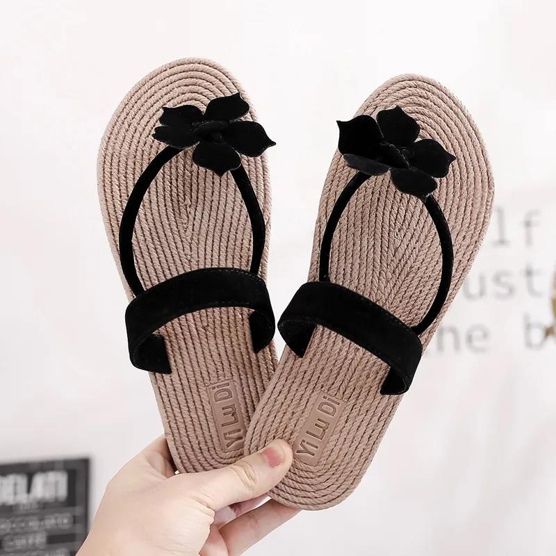 Summer Espadrille Flowers Flip Flops Women Flat-bottomed Cute Flip-flops Beach Sandals and Slippers Outer Wear Fashionable Beach Sandals Women