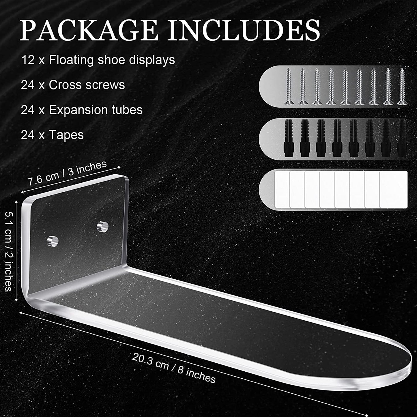 12-Piece Floating Shoe Display Stand for Wall Mount Including Acrylic Floating Sneaker Stand Shoe Rack with Phillips Screws, Extension Tube and Tape