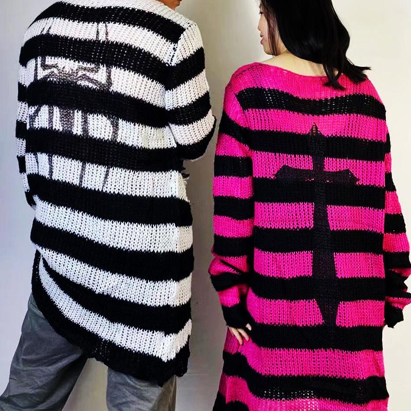 Punk Gothic Long Sweater Dress Plus Size Hollow Out Hole Destroy Pullover Jumper New Oversized Hip Hop Harajuku Striped Sweaters Hip Hop Streetwear