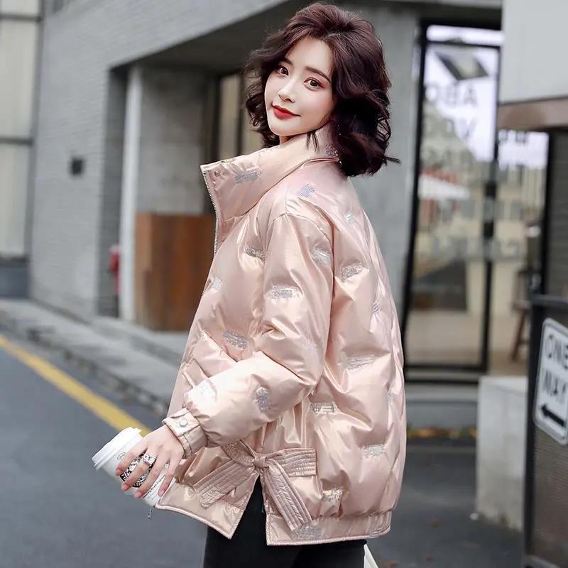 Winter Thick Warm Short Parkas Women Elegant Zipper Short Cotton Jackets Female Wash Free Sequin Embroidered Wadded Jacket