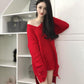 Spring and Autumn Sexy Mid-length Sweater V-neck Pullover Irregular Top Loose Hole Knit Sweater Dress