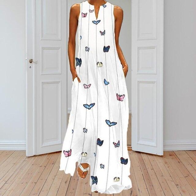 Long Boho Dress Women Butterfly Printed Summer Sleeveles V Neck Plus Size Dresses Maxi Casual Loose Vestidos