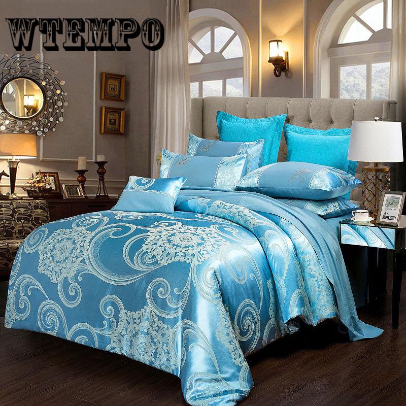4pcs Stain Silk Jacquard Cotton Lace Duvet Cover Bedding Set Luxury King Queen Size Bed Sheet Set