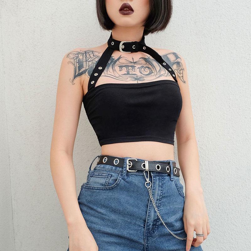 Punk Style Choker Halter Top Women Sexy Fashion Slim Cami Backless Buckle Top Summer Tank Tops
