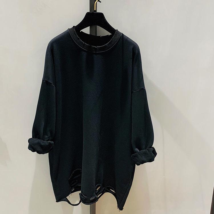 Women's Hem Hole Solid Color Bottoming Shirt Large Size Cotton Autumn Korean Version Loose Long-sleeved T-shirt