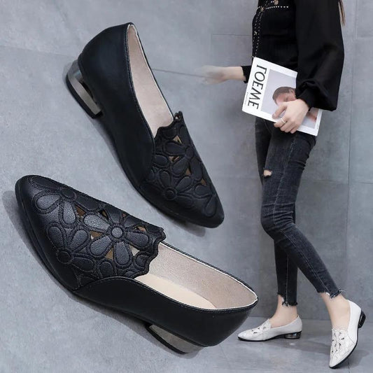Women's Single Shoes Hollow Breathable Embroidered Four Seasons Ladies Shoes Thick Heel Soft Sole Work Shoes