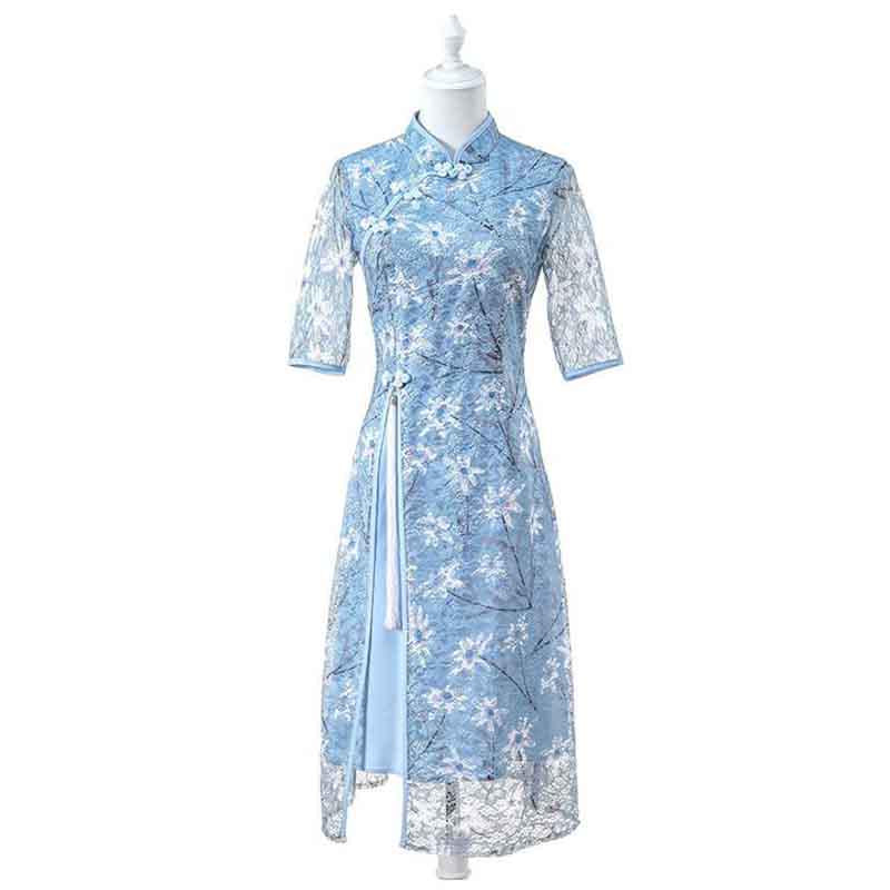 S-2XL Summer Women Slim Cheongsam Lace Floral Dress Mid-sleeved Round Neck Slim Split Dress
