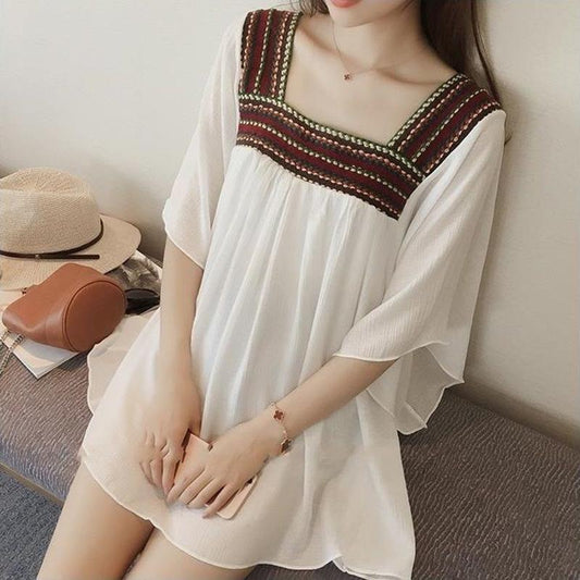 Ethnic Style Chiffon Dress Women Loose and Thin Bat Sleeves Large Size Square Neckline above knee Solid Color