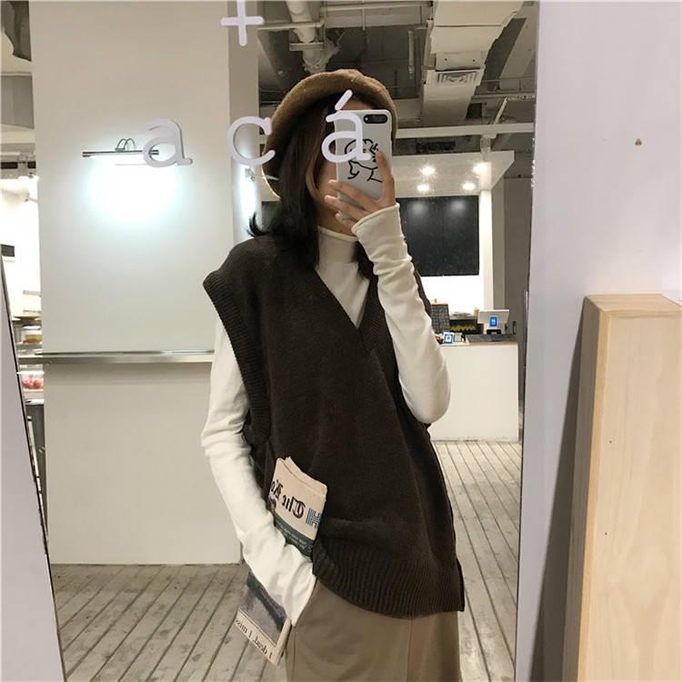 Pofulove Loose V-neck Knitted Vest Women's Autumn Winter Wear Sleeveless Vest Pullover Sweater