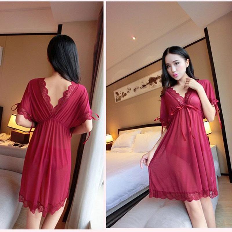 Plus Size Women's Sexy Mesh Nightdress Summer Transparent See-through Lace Suspenders Short-sleeves Two-wear Sexy Nightdress