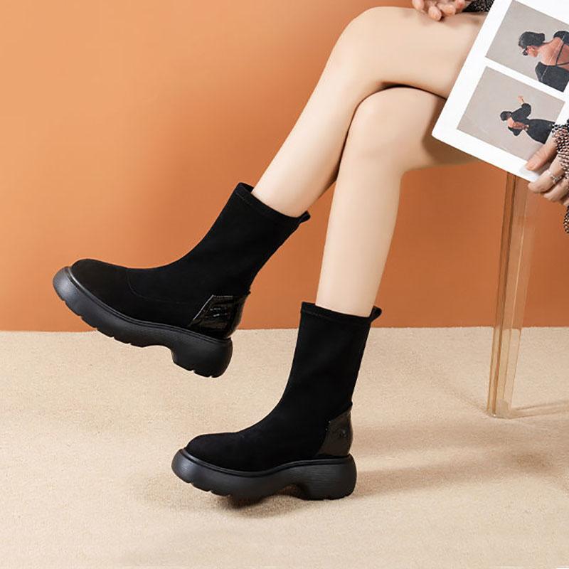 Black Boots Woman Autumn and Winter Velvet Elastic Boots Korean Version of Wild Short Boots Increased Thick-soled Boots Martin Plush Boots