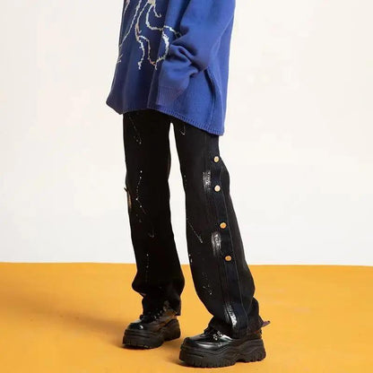 Autumn and Winter Black Buffet Jeans Female BF Wind Hip Hop Loose Straight High Street Splashing Wide Legs Tide