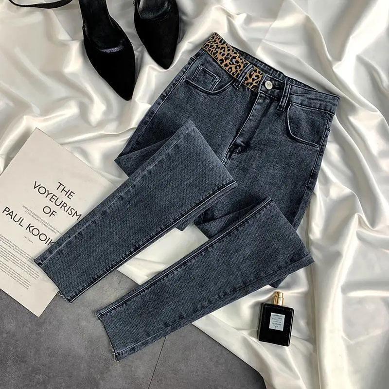 Women's Leopard Print Blue Gray Jeans Women's Spring and Autumn High Waist Thin Ninth Pants Skinny Pants Student Pencil Pants