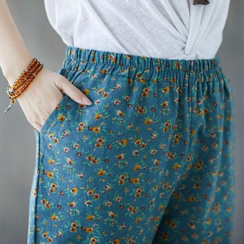 Spring and Summer Cotton and Linen Printed Cropped Trousers Large Size Loose Harem Pants Women Floral Temperament Casual Pants