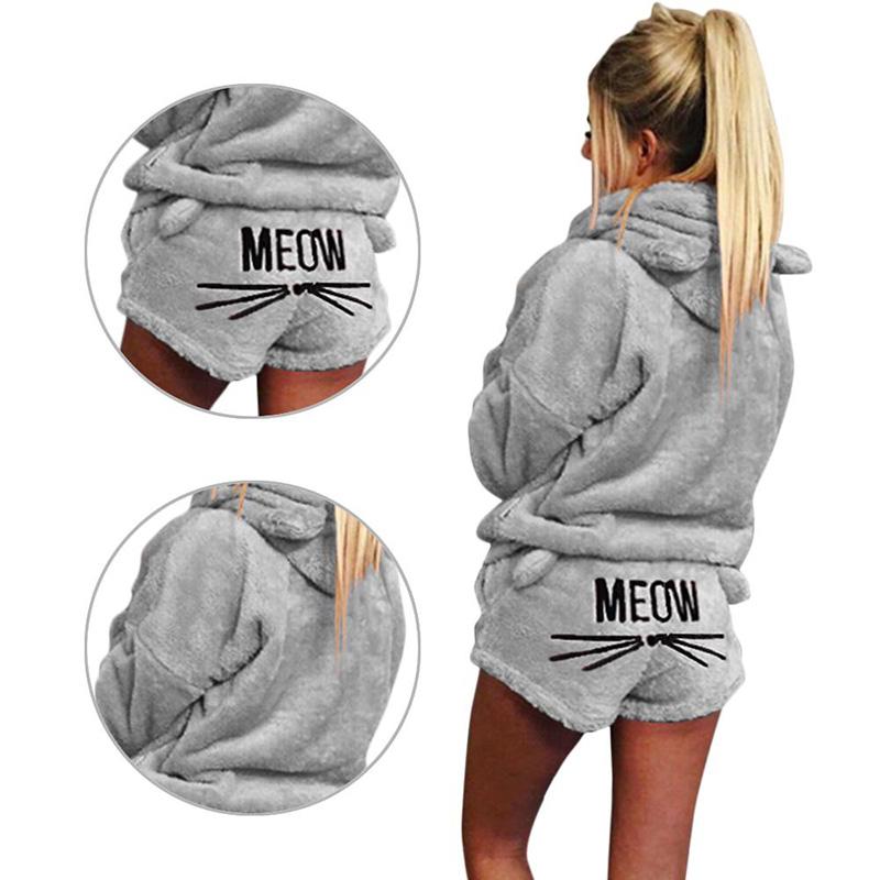 Winter Warm Women Cat-Ear-shaped Hooded Embroidery Sleepwear Pajama Set Female Shorts Homewear Suits
