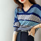 Sweater Women Stitching Printing V-neck Pullover Knitwear Korean Loose Fluffy Top Striped Sweater Autumn and Winter Fashion