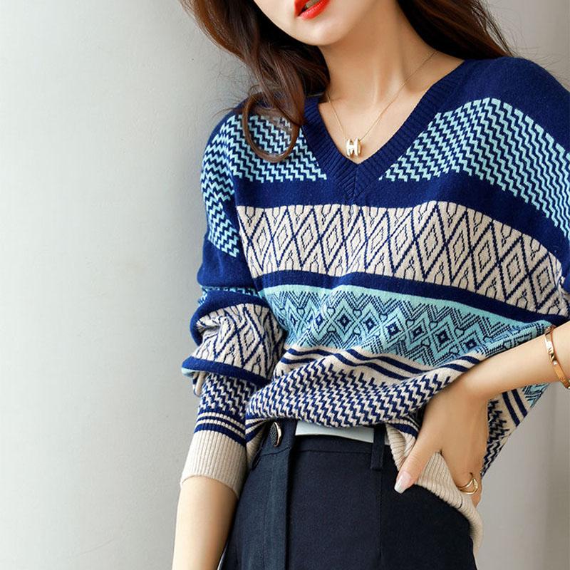 Sweater Women Stitching Printing V-neck Pullover Knitwear Korean Loose Fluffy Top Striped Sweater Autumn and Winter Fashion