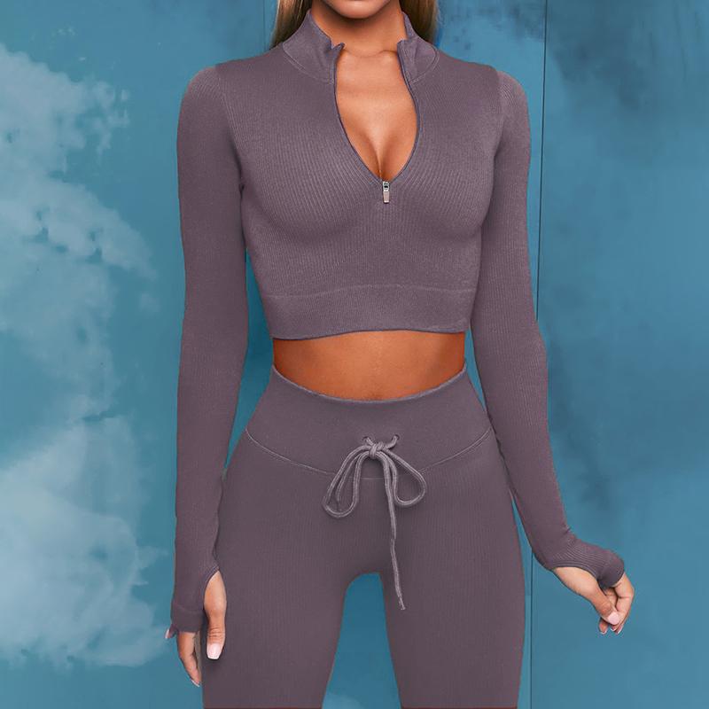 2PCS Women's Zipper Sports Underwear Fitness Long-sleeved Quick-drying Running Trousers Yoga Exercise Suit Fitness Clothes Tracksuit  Active Wear