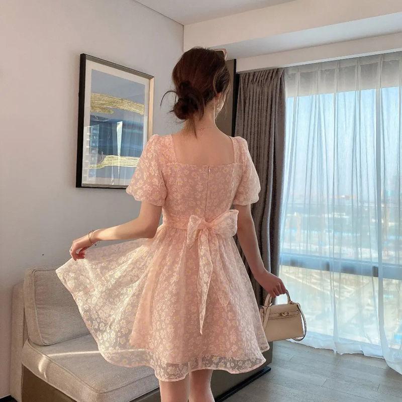 Summer Temperament Bow-knot Big Skirt Short Dress with Daisy Flowers