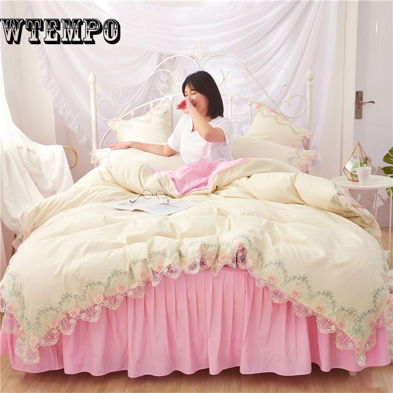 Princess Style Duvet Cover Set Cotton Bedding Sets Girls Cute Lace Bed Skirt Bedding Sets