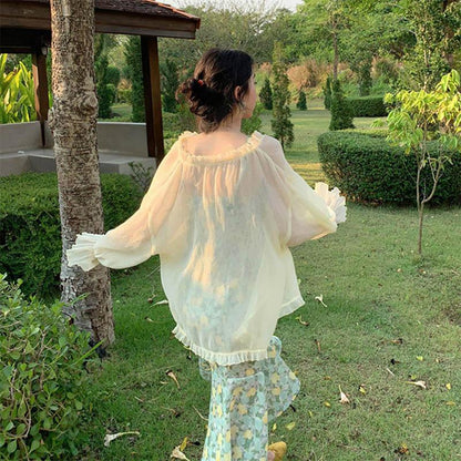 Ice Silk Sunscreen Women's Cardigan with Suspenders Skirt with Shawl and Chiffon Jacket