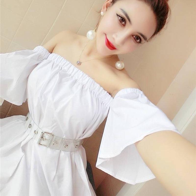 Sexy White Off Shoulder Belt Sexy Slash Neck Dress Elegant Club  Party Dress Women Short Dress