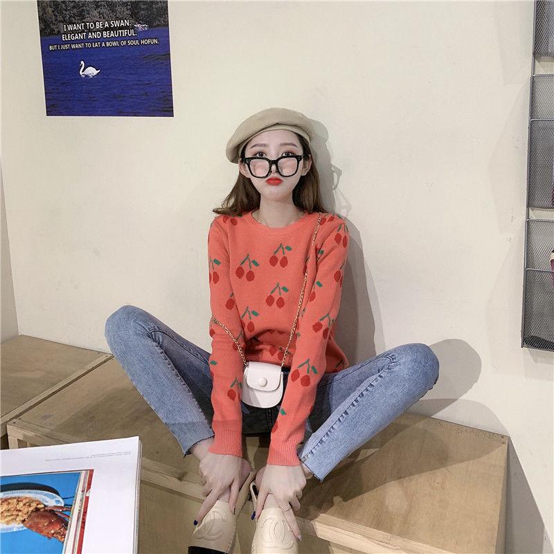 Sweet Cherry Print Loose Slim Was Thin Round Neck Sweater Women's Wild Pullover Sweater