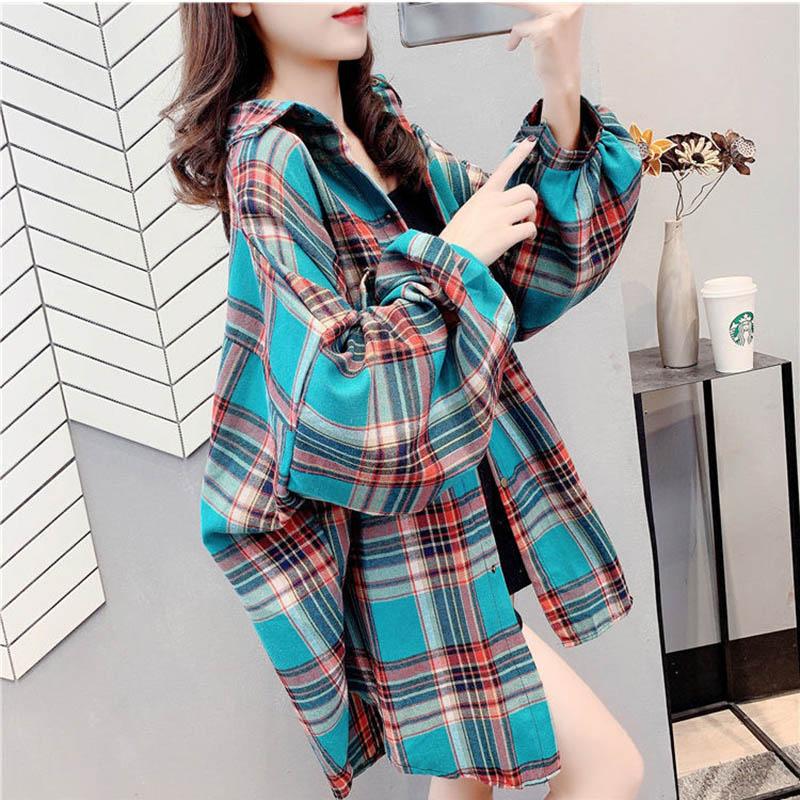 Plus Velvet/no Velvet Plaid Shirt Women's Spring and Autumn Long-sleeved Mid-length Loose Large Size