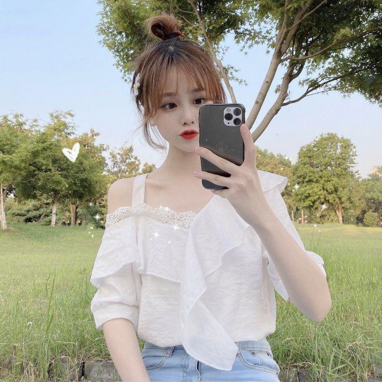 Off-shoulder Ruffled Sweet and Loose Short-sleeved Chiffon Shirt Women's White Off-the-shoulder Shirt Lace Trim Design Ruffled Trim