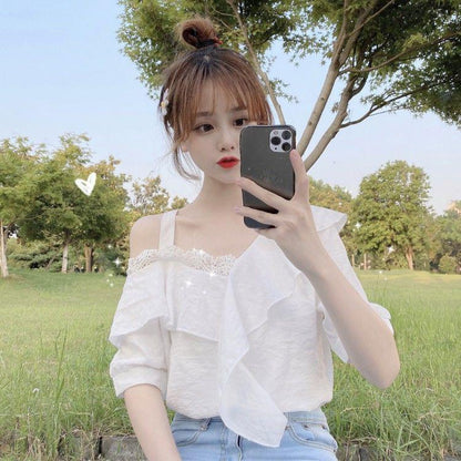 Off-shoulder Ruffled Sweet and Loose Short-sleeved Chiffon Shirt Women's White Off-the-shoulder Shirt Lace Trim Design Ruffled Trim