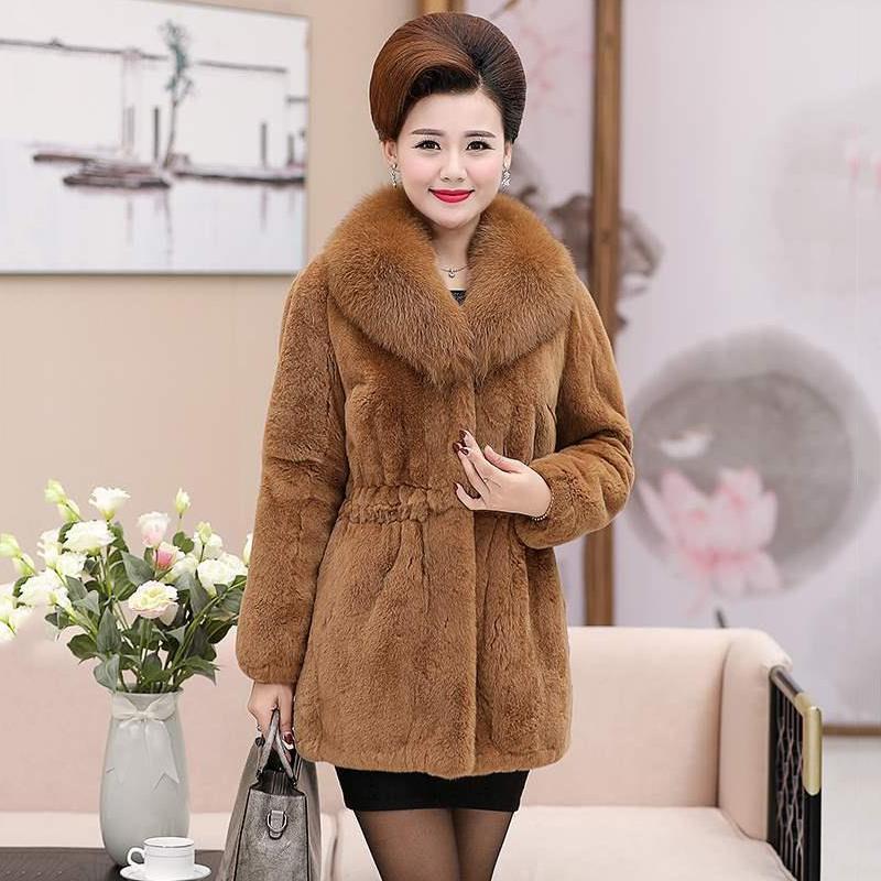Temperament Faux Fur Mid-length Faux Rex Rabbit Fur Warmth and Slim Slim Fur Coat Imitation Fox Fur Collar Warm Cotton Coat