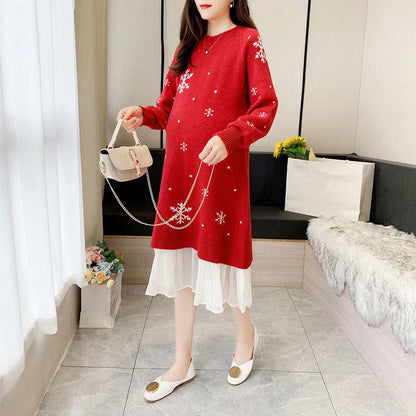 Autumn and Winter Snowflake Christmas Maternity Clothes Long Sleeve Dress Mid-length  Loose Plus Size Round Neck Knitted Skirt