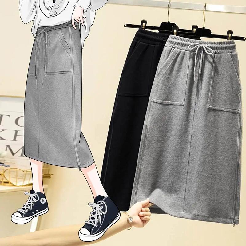 Side Slit Zipper Women Large Size Cotton Skirt with Elastic Waist A-line Skirt with Long Solid Color Sport Style