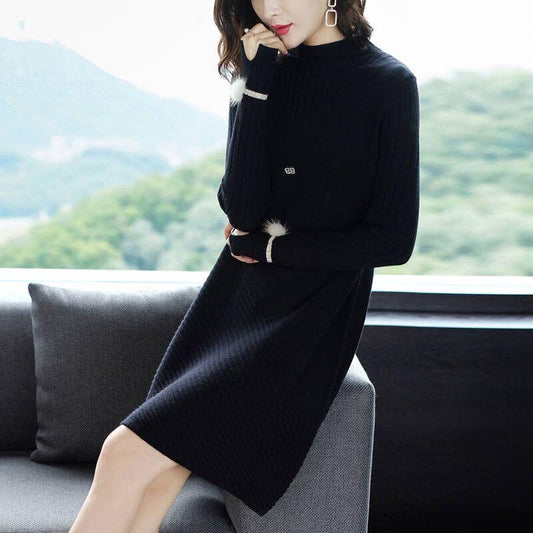Autumn and Winter Long Thick A-line Knitted Dress Women Loose Pullover Sweater Dress Bottoming Wool Sweater