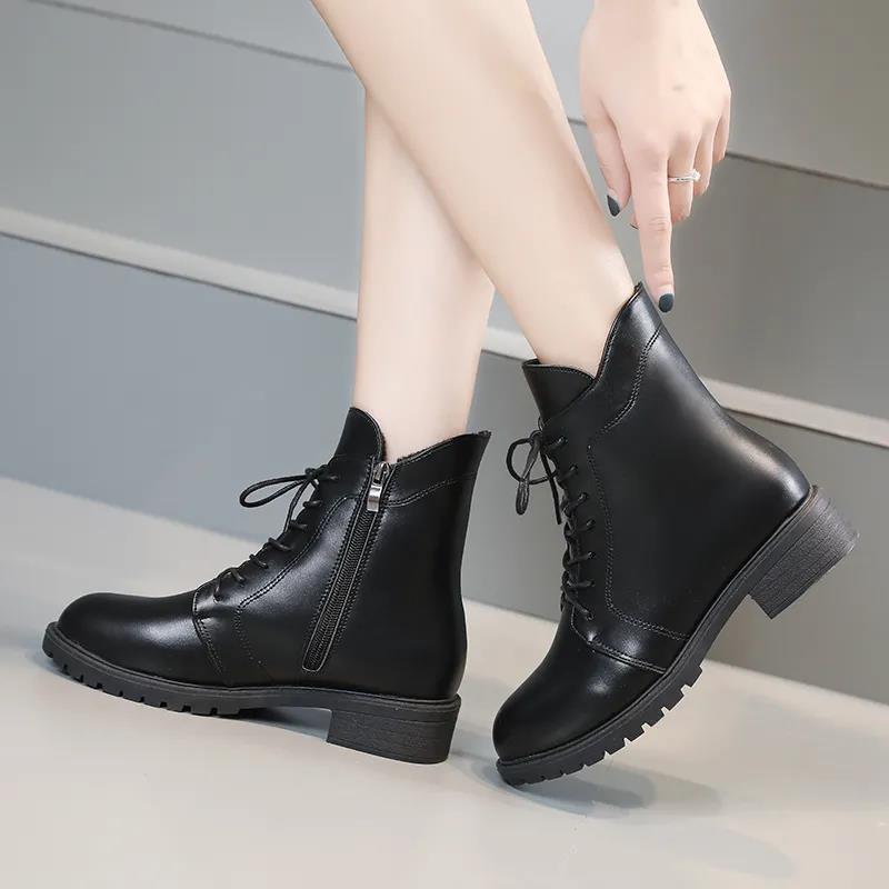 Autumn and Winter Soft Leather Lace-up Zipper Thick Heel Martin Boots Women Mid-high Heel Korean Warm and Comfortable All-match Cotton Boots