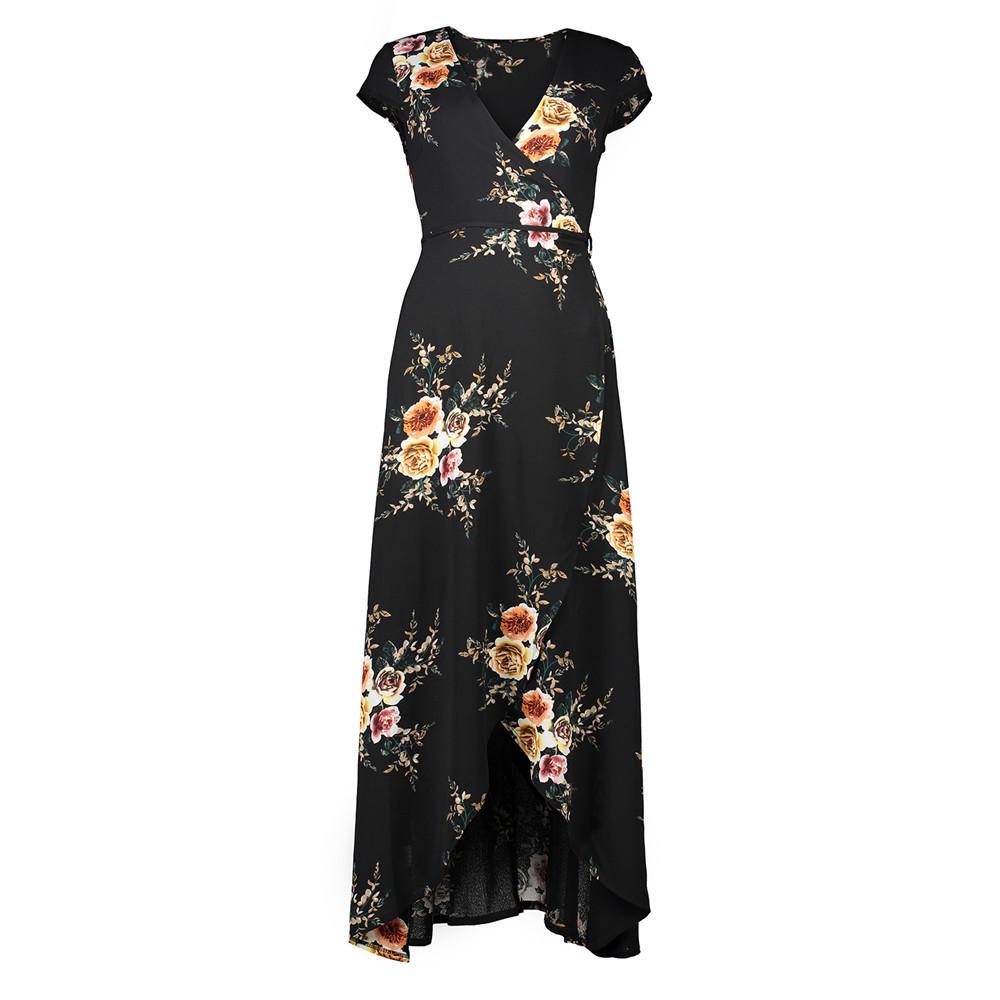 Women Sexy V-neck Printed Chiffon Sexy Split Beach Beach Holiday Casual Dress