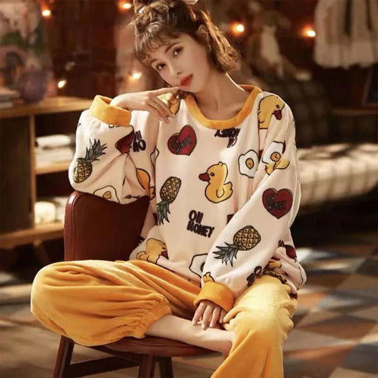 Coral Velvet Plus Velvet Thickened Flannel Pajamas Set  Women's Cute Print Homewear Long-sleeved Round Neck Loose Soft Pyjamas Two-pieces Set
