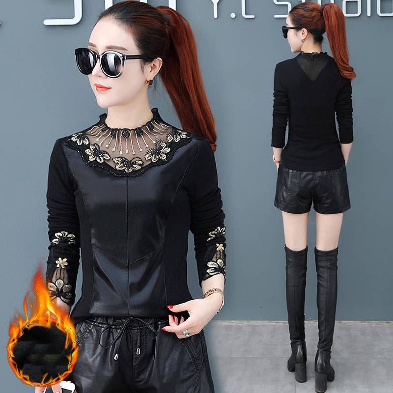 Pofulove Women Velvet Turtleneck Pullover Thick Autumn Winter Plus Size Warm Lace Blouse Long Sleeve