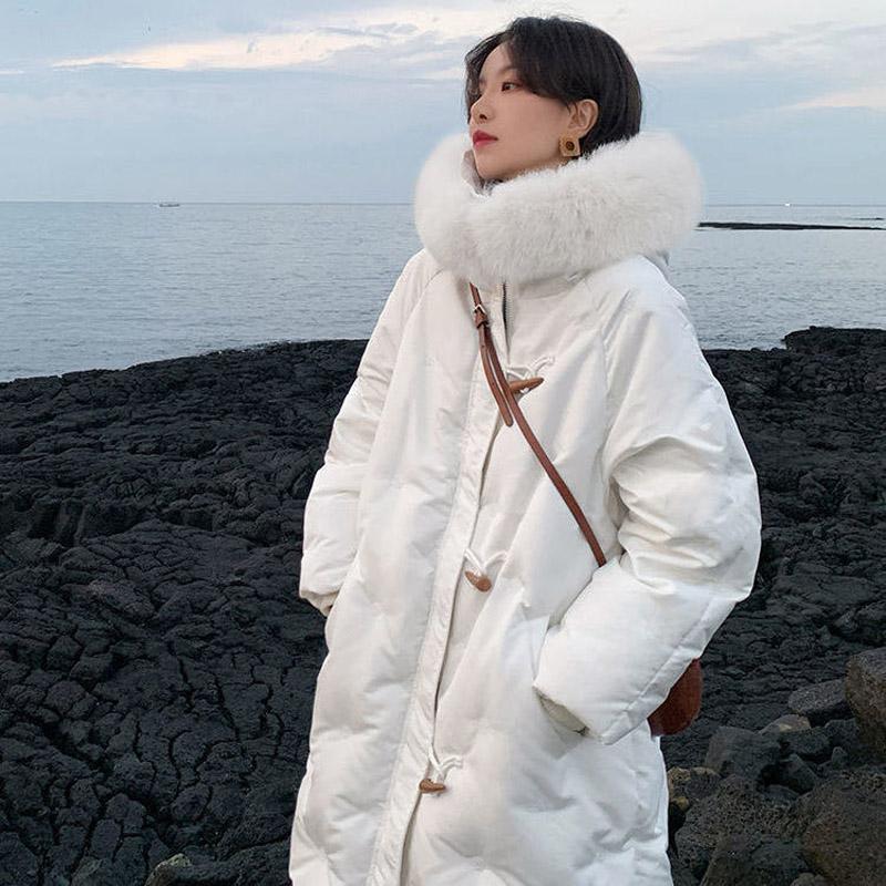White Duck Down Embroidered Down Jacket Women's Horn Button Long Fur Collar Thick Winter Jacket