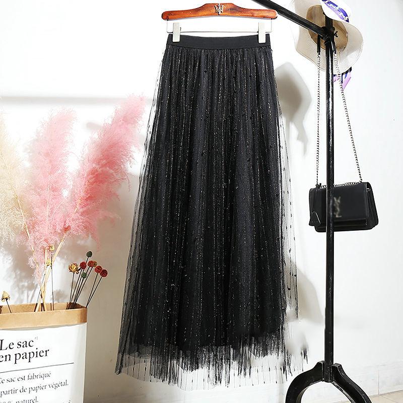 Four Seasons Can Wear Half-length Skirt Female Heavy Industry Beaded Bright Silk Gauze Sweet Fairy Long Skirt Three-layer Fabric A-line Skirt