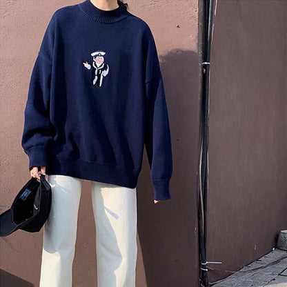 Pofulove Autumn Winter Round Neck Hedging Cartoon Embroidery Sweater Female Loose Knitted Jacket